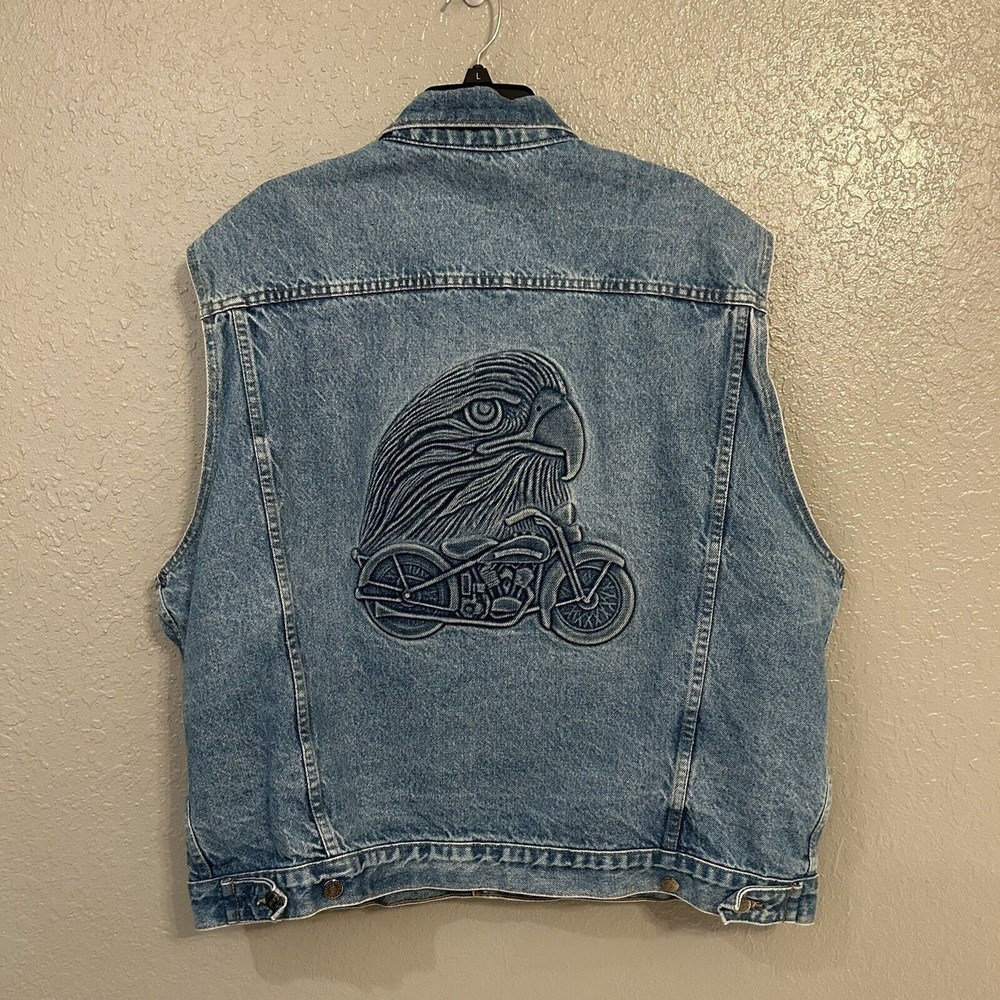 Vintage Tyca Denim Embossed Eagle Motorcycle Vest Waistcoat Harley Biker USA XL